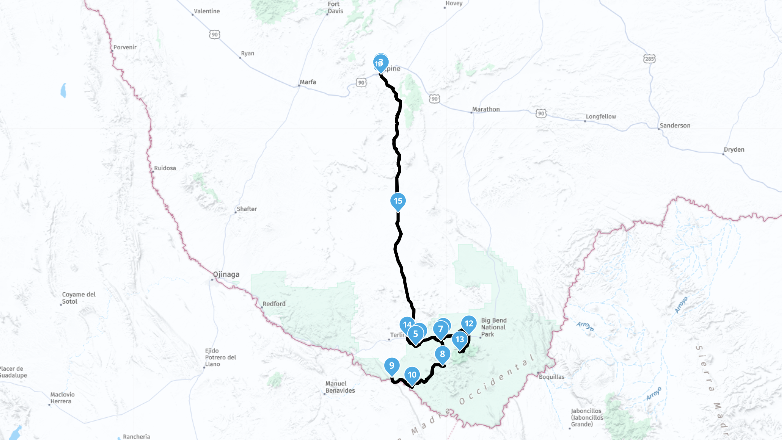 The Big Bend National Park Ride route