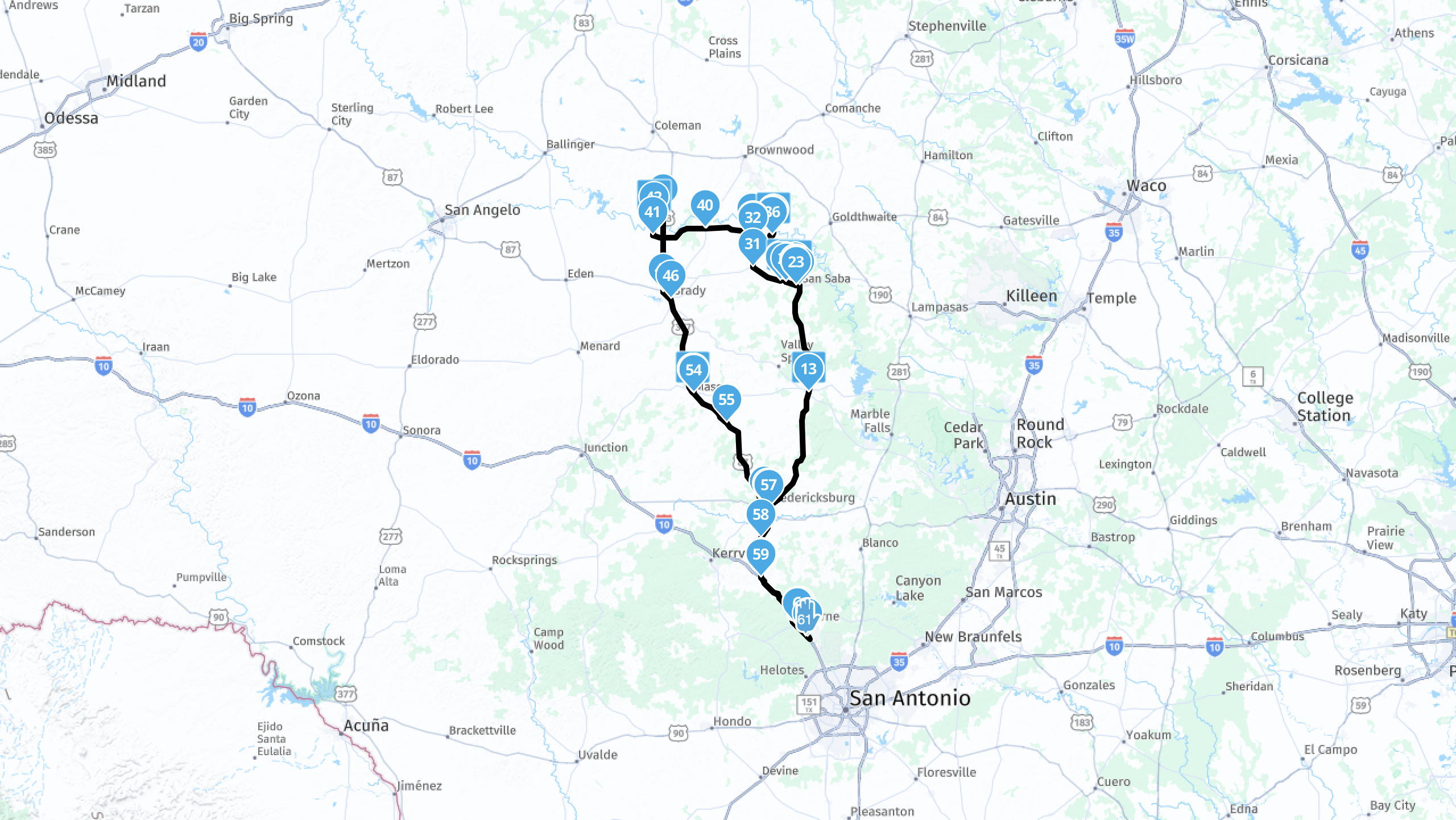 The Texas Historic Bridges Challenge Ride route