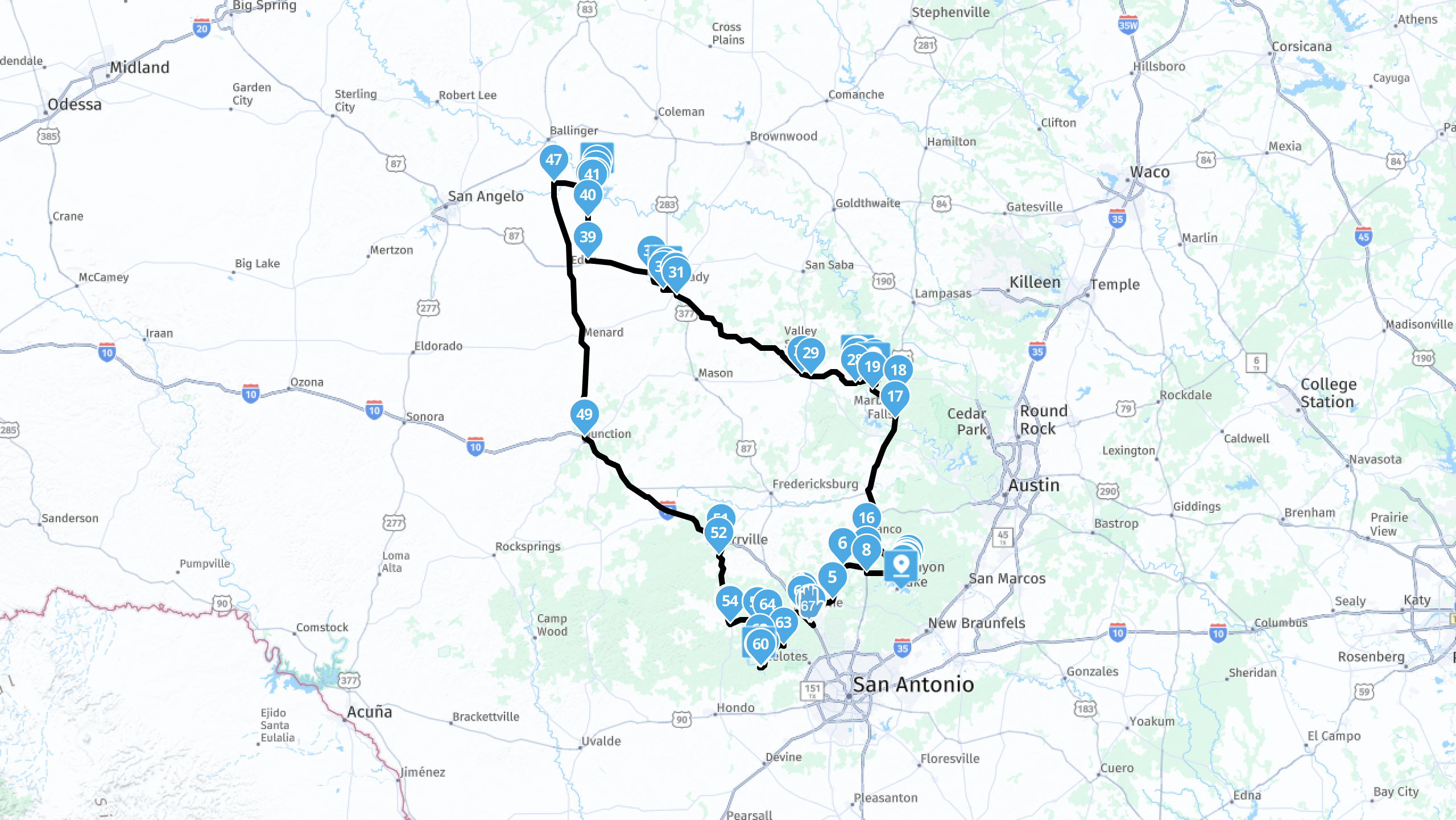 The Texas Reservoir HOGs Challenge Ride route