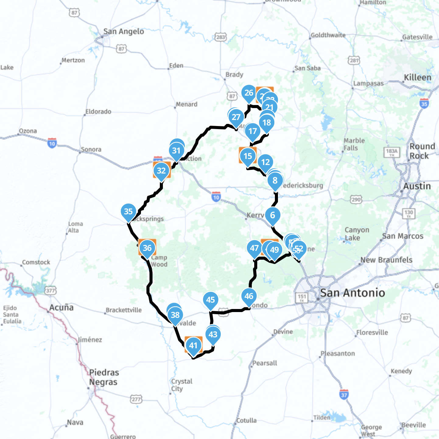 The Texas Post Office Challenge Ride full route